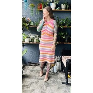 Willow & Wind Crochet Lined Dress Pastel Spring Colors Striped Sleeveless L‎